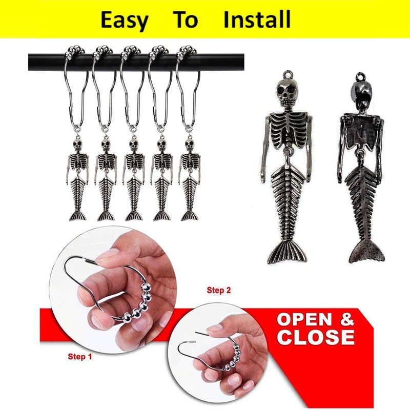 ZILucky 12Pcs Mermaid Skeleton Shower Curtain Hooks Halloween Decorative Home Bathroom Decor Rustproof Skeletons Shower Curtain Rings (Mermaid Skull Silver) - Image 4